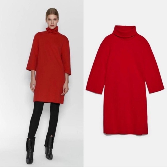 Zara Dresses & Skirts - Zara Bold Red Cowl Neck Sweater Dress